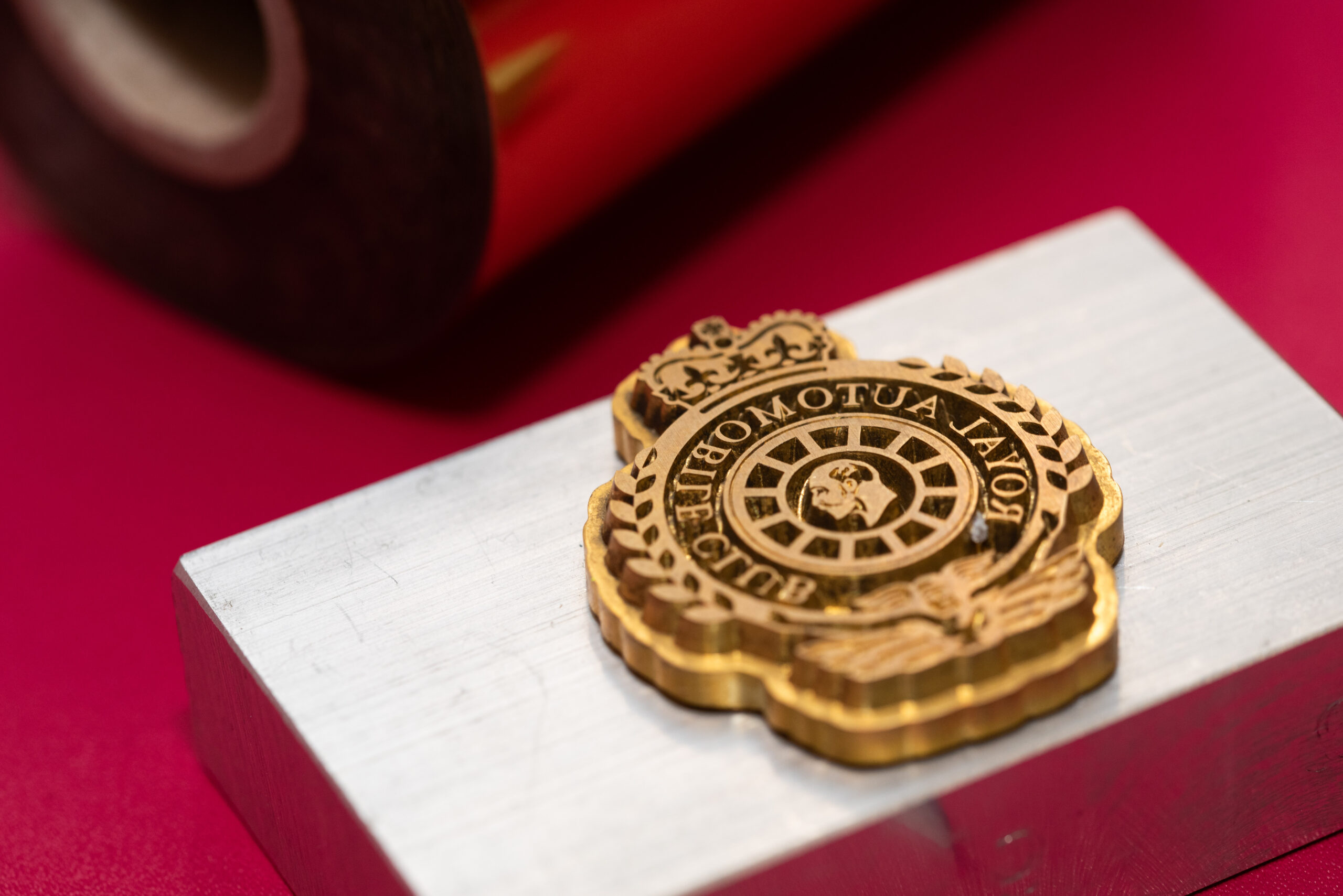 Close up of a custom brass plate die